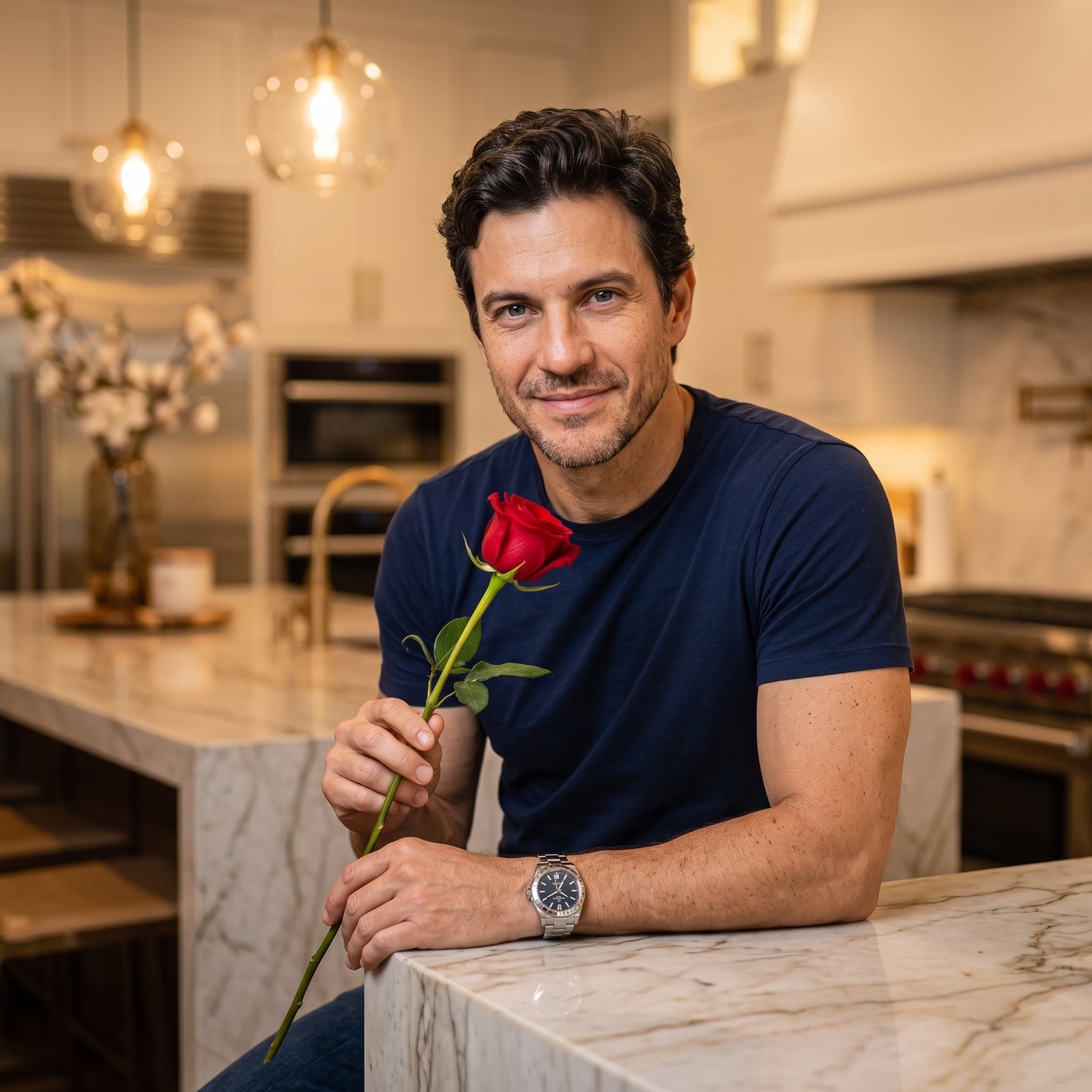 A mature man holding a red rose